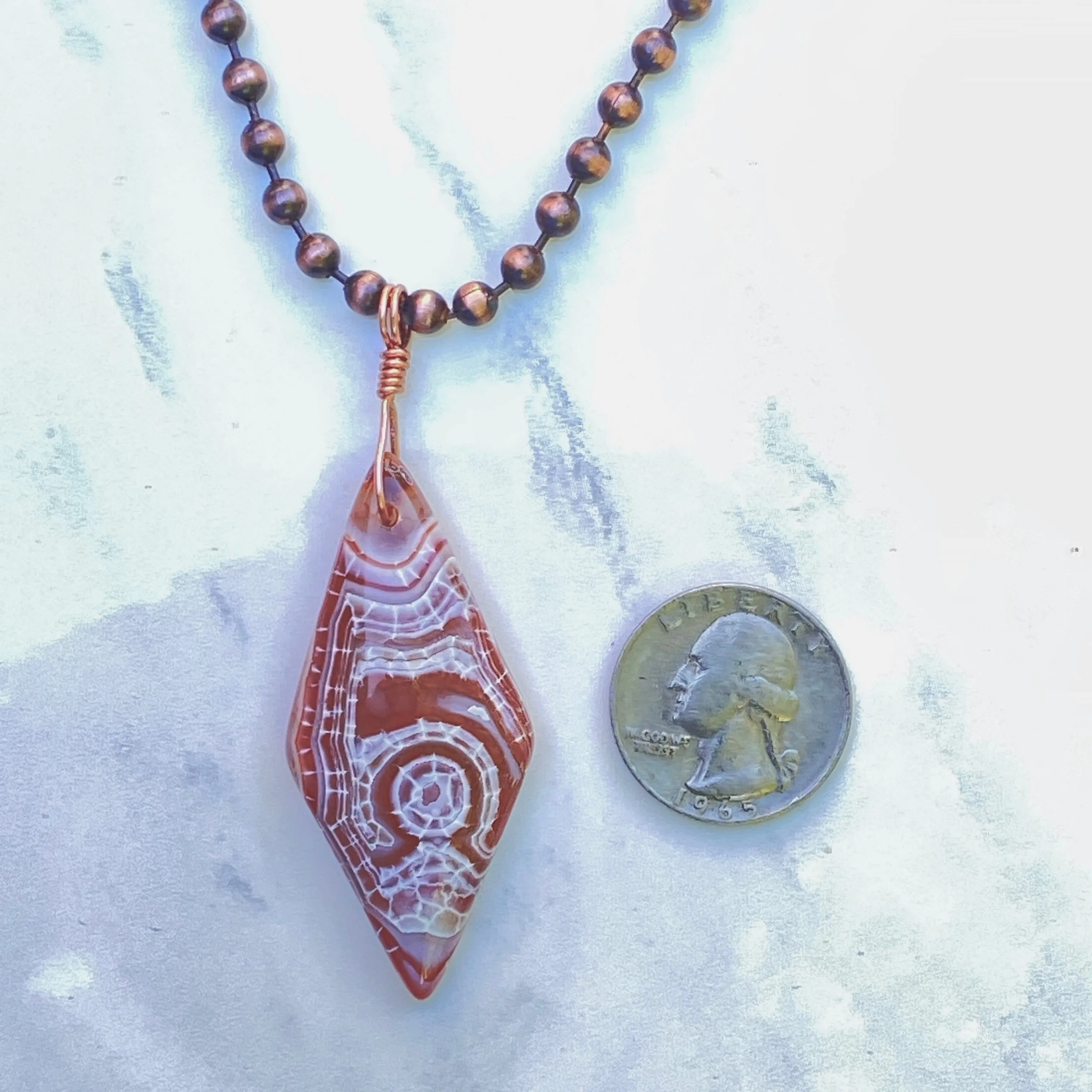 Men’s Dragon’s Vein Agate Rhombus Pendant, Hand Wrapped on Copper Chain