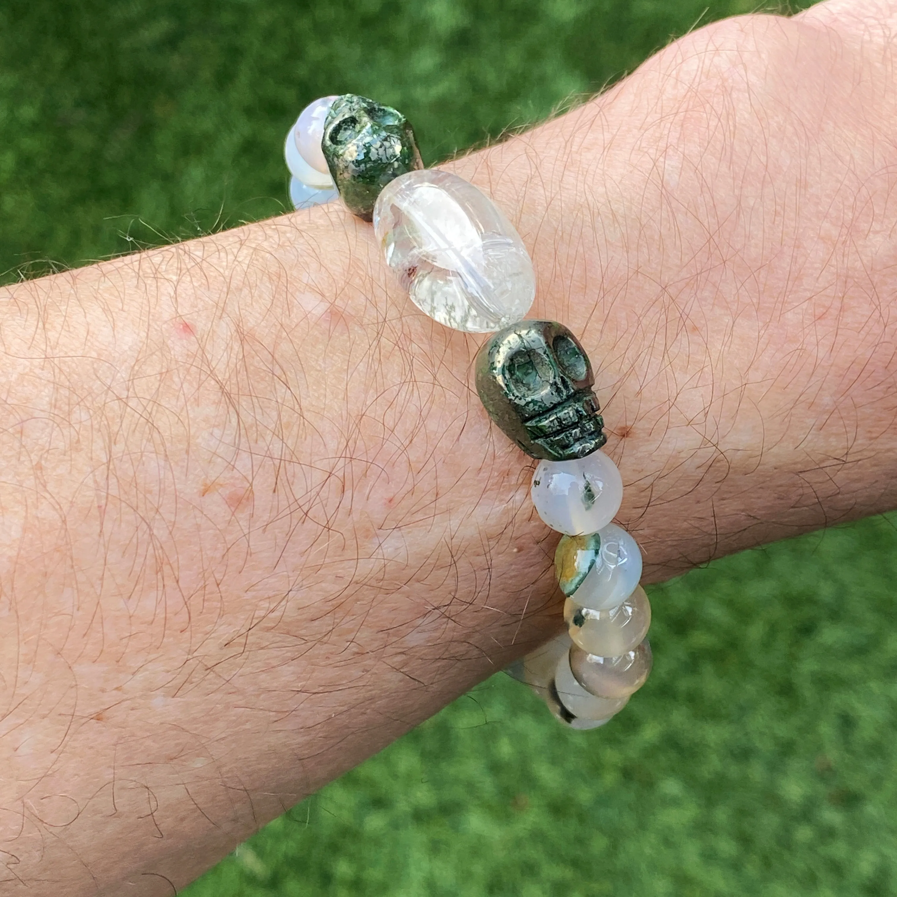 Moss Agate, Pyrite Skulls, and Phantom Quartz Men’s Stretch Bracelet