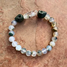 Moss Agate, Pyrite Skulls, and Phantom Quartz Men’s Stretch Bracelet