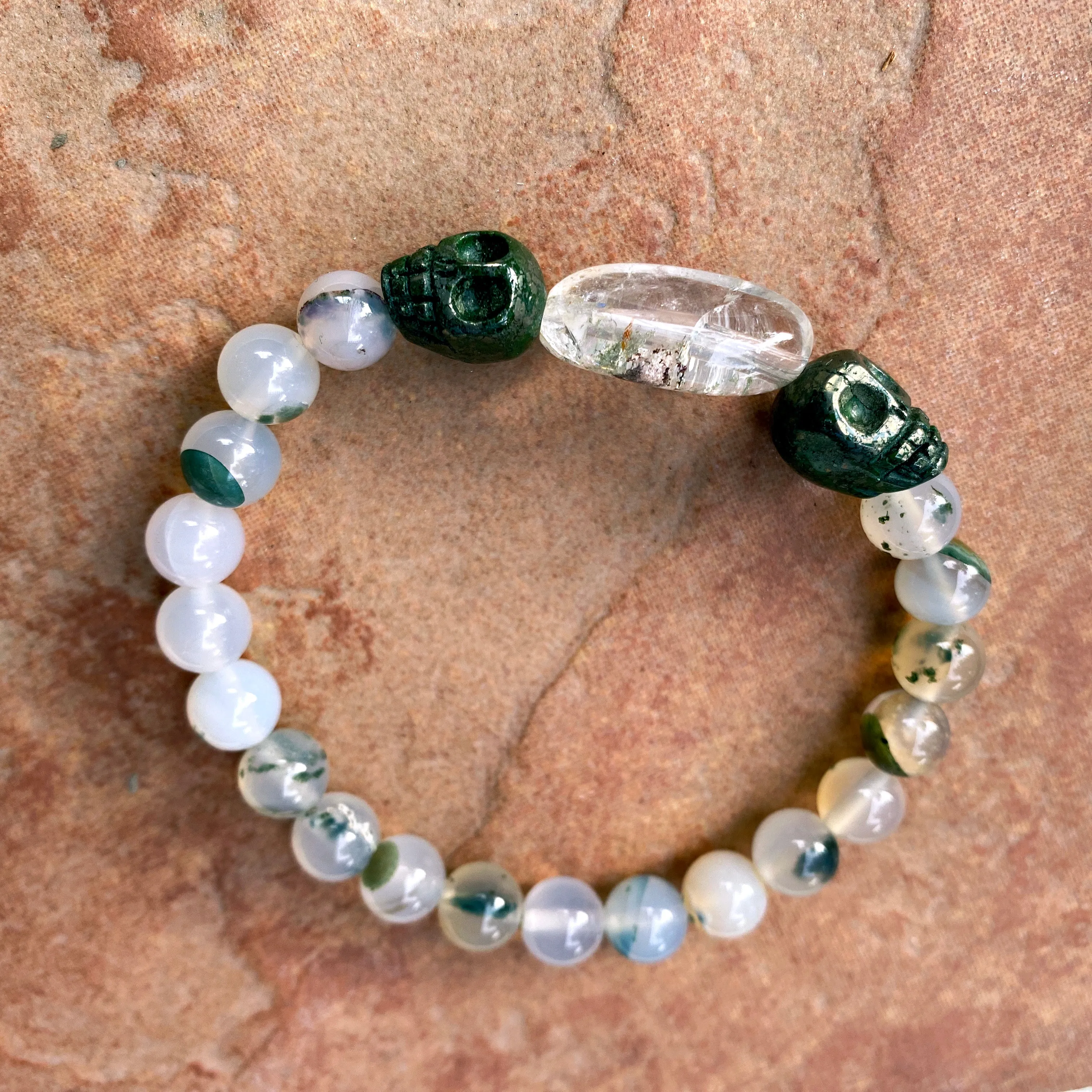 Moss Agate, Pyrite Skulls, and Phantom Quartz Men’s Stretch Bracelet