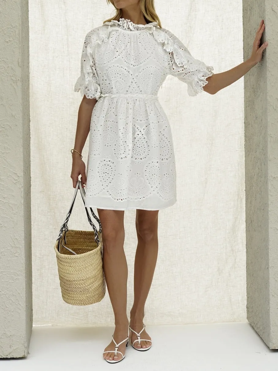 Olivia Cotton Cutwork Frill Day Dress | White