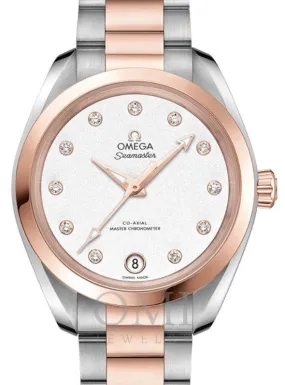 OMEGA SEAMASTER AQUA TERRA 150M CO-AXIAL MASTER CHRONOMETER 34MM STAINLESS STEEL SEDNA GOLD WHITE DIAL DIAMOND SET INDEX 220.20.34.20.52.001 STEEL AND ROSE GOLD BRACELET