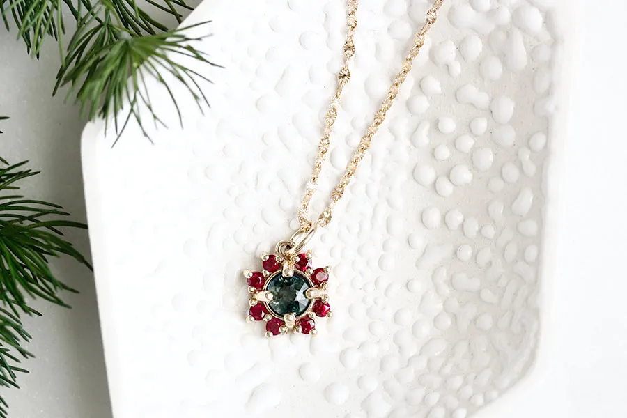 Parti Sapphire and Ruby Halo Necklace