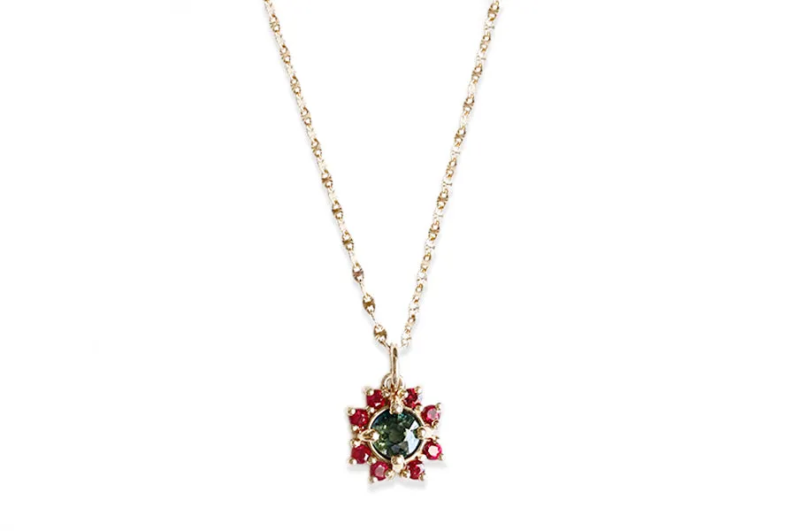 Parti Sapphire and Ruby Halo Necklace