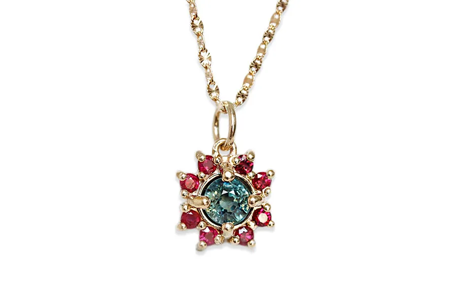 Parti Sapphire and Ruby Halo Necklace