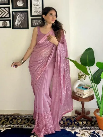 Pastel Pink Premium Georgette Sequins Partywear Saree