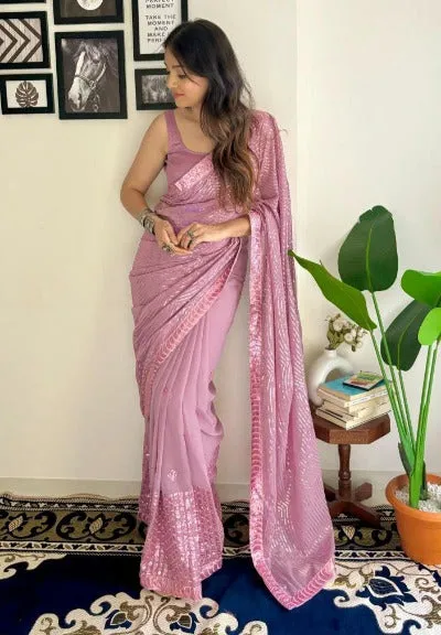 Pastel Pink Premium Georgette Sequins Partywear Saree