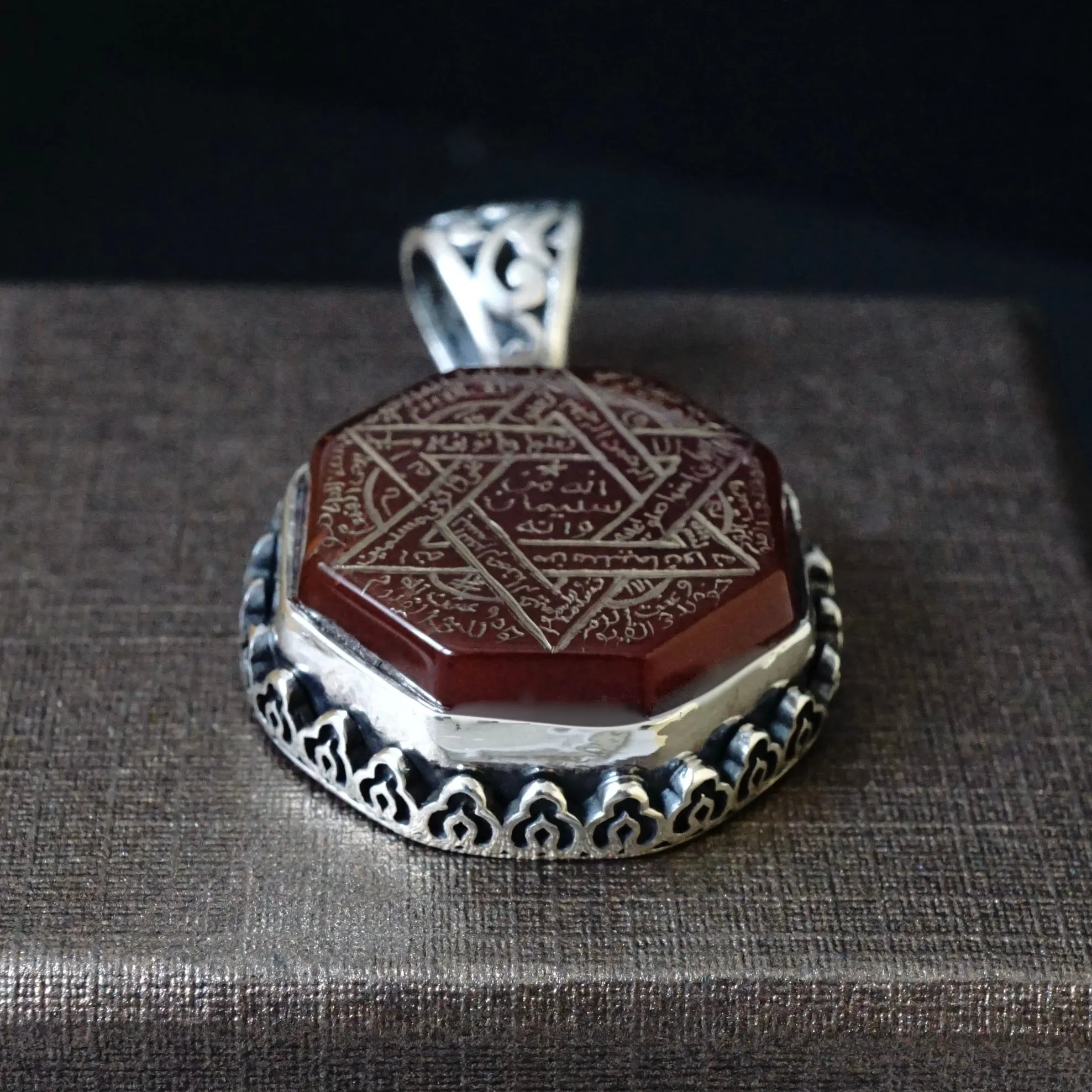 Pendant Carnelian Seal of Solomon Handmade Unique Master Hand-engraving 925 Sterling Silver natural hexagon cut Aqeeq gemstone Islamic Talisman Amulet