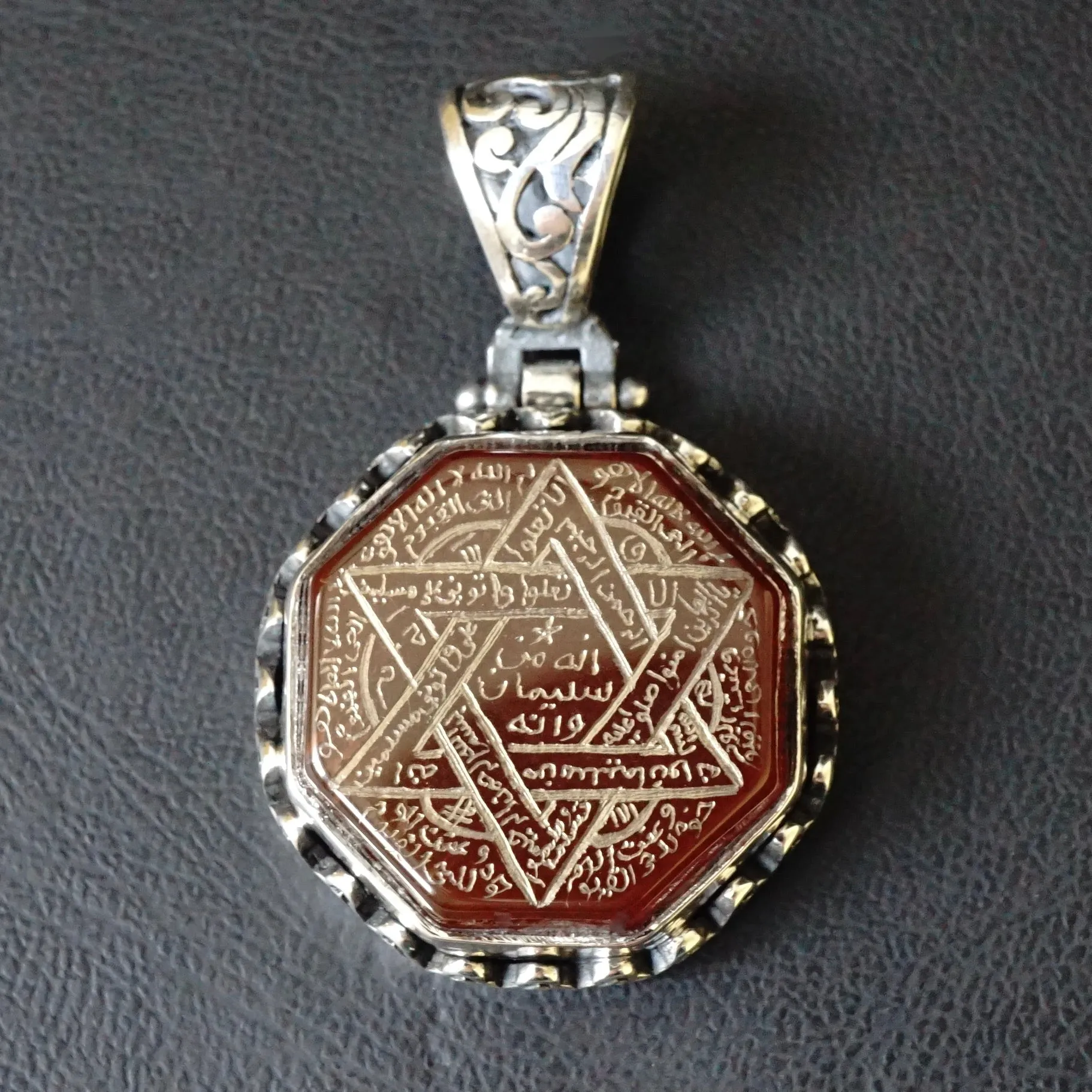 Pendant Carnelian Seal of Solomon Handmade Unique Master Hand-engraving 925 Sterling Silver natural hexagon cut Aqeeq gemstone Islamic Talisman Amulet