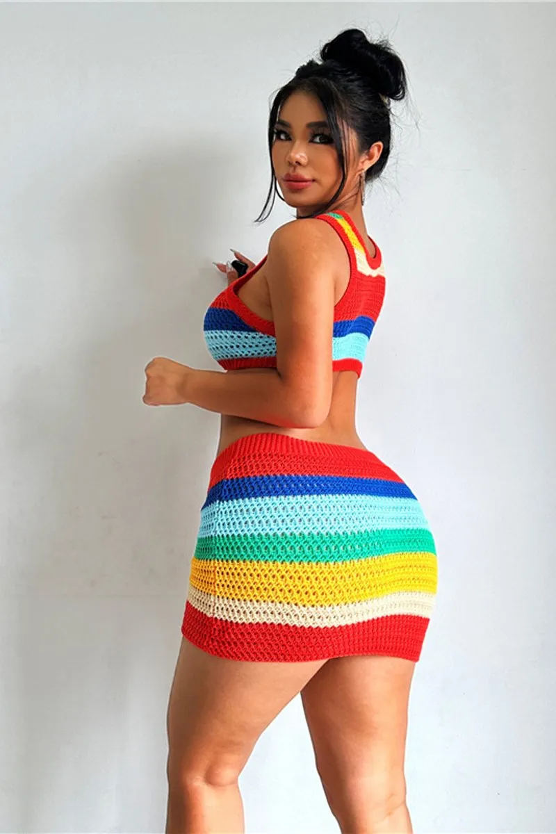 Rainbow Stripes Crochet Tank Top & Skirt