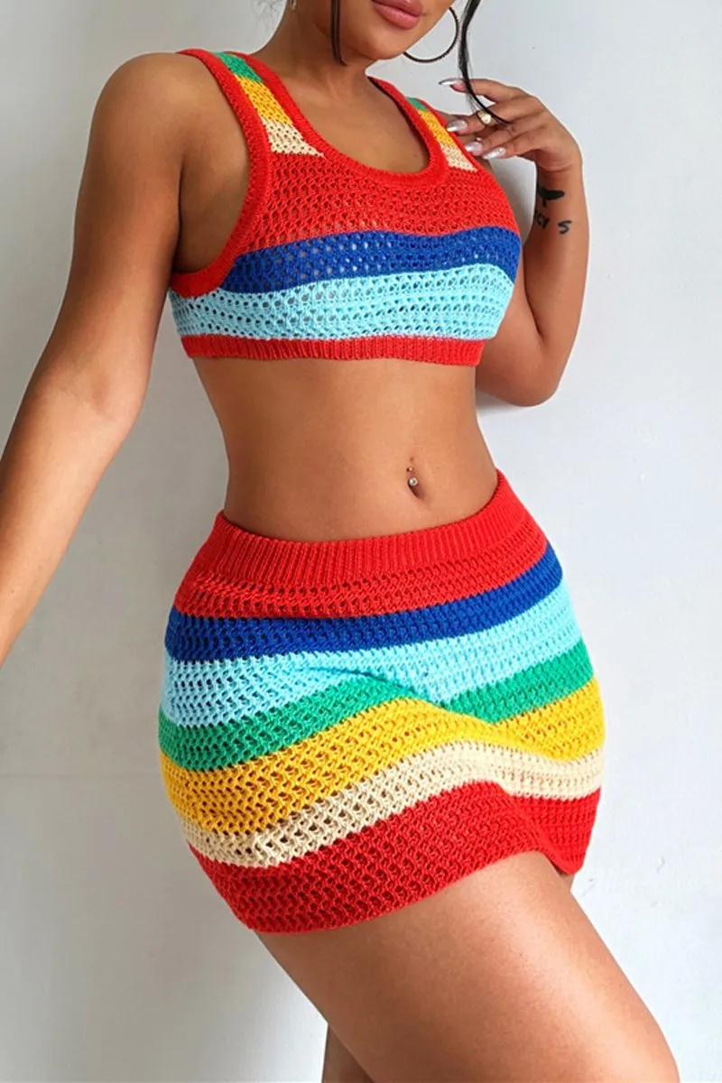 Rainbow Stripes Crochet Tank Top & Skirt