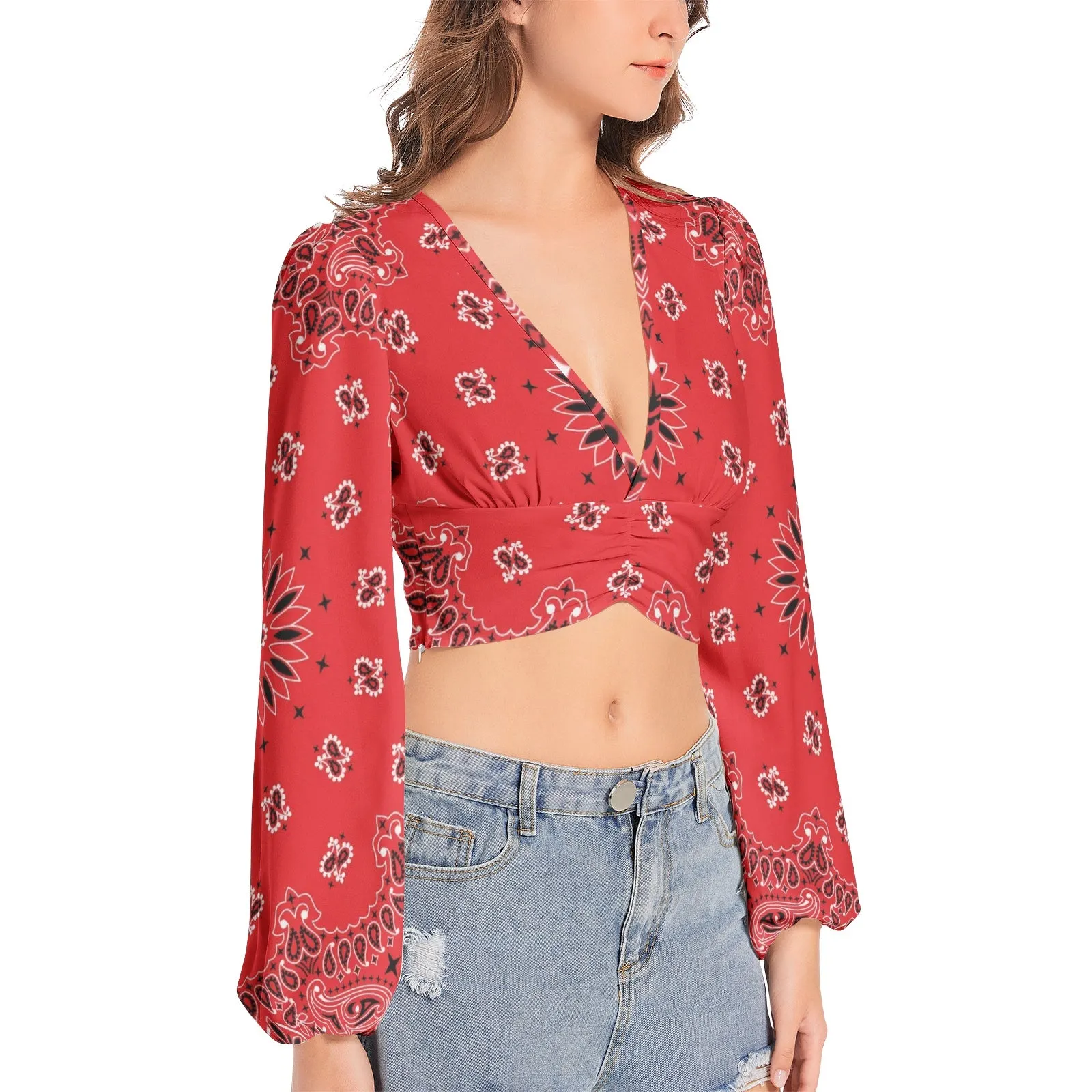 Red Bandana Women's Deep V-Neck Lantern Sleeve Crop Top