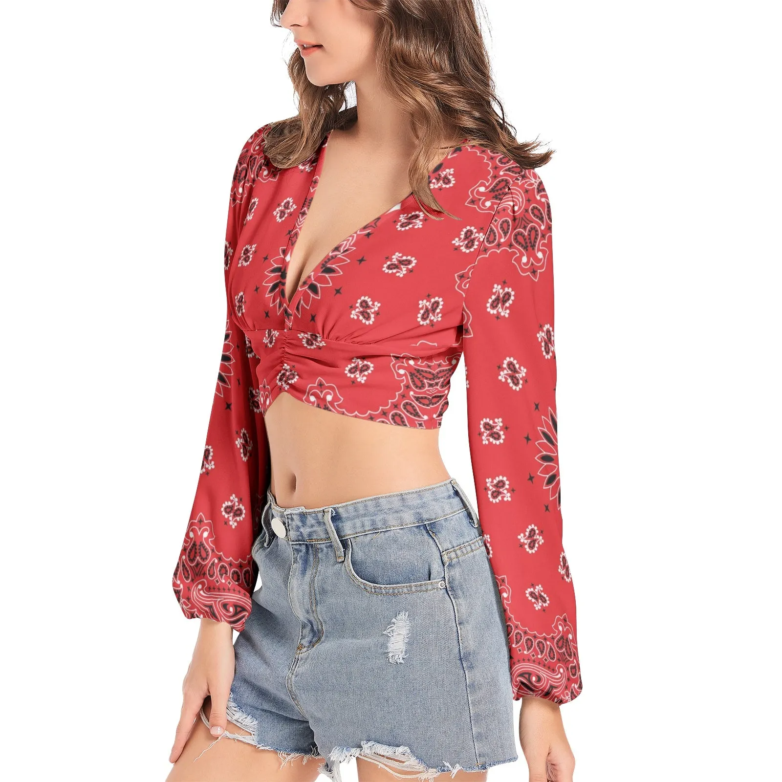 Red Bandana Women's Deep V-Neck Lantern Sleeve Crop Top