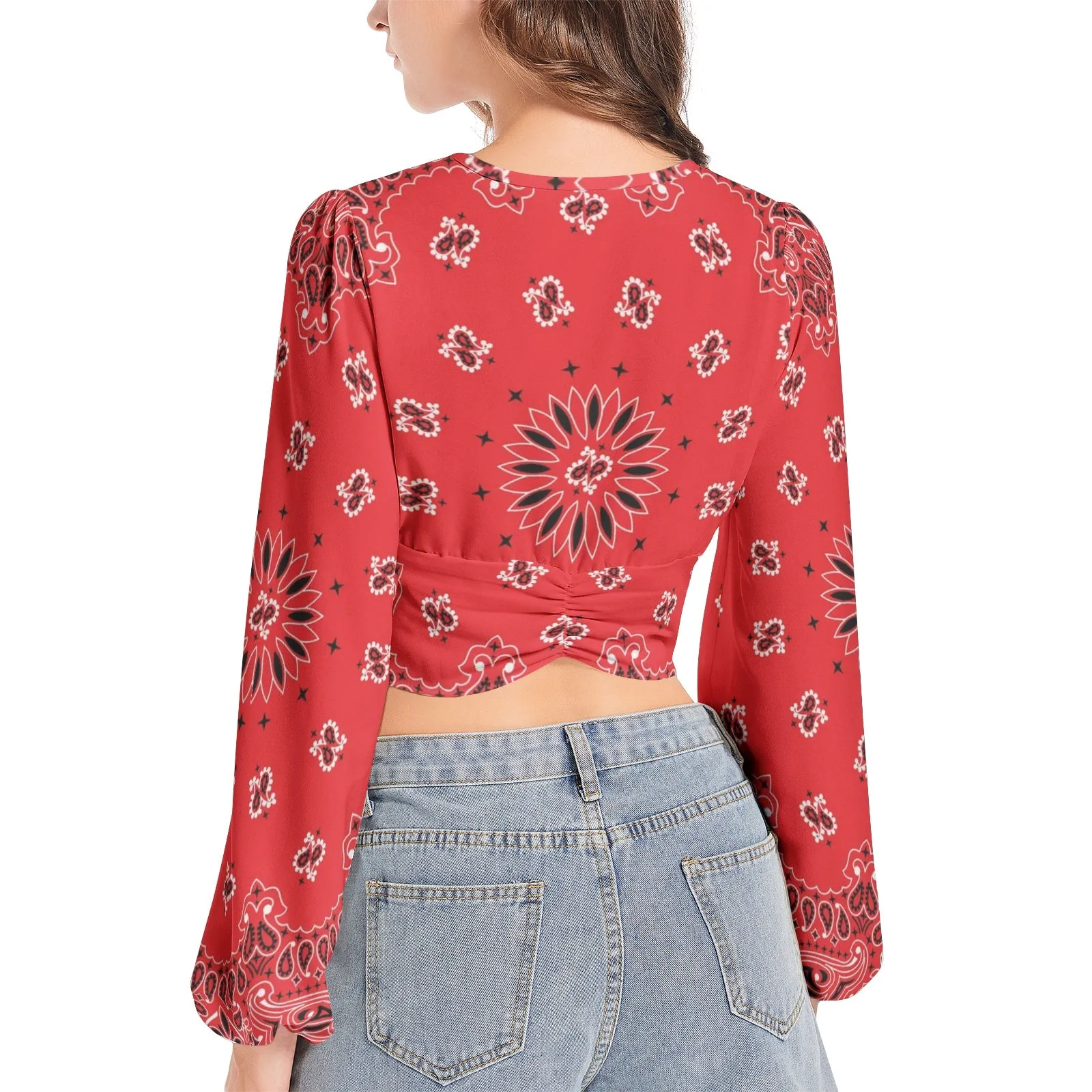 Red Bandana Women's Deep V-Neck Lantern Sleeve Crop Top