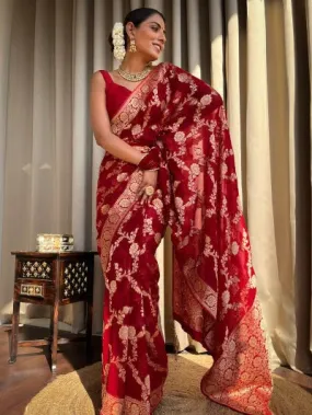 Red Pure Viscose Georgette Weaving Saree