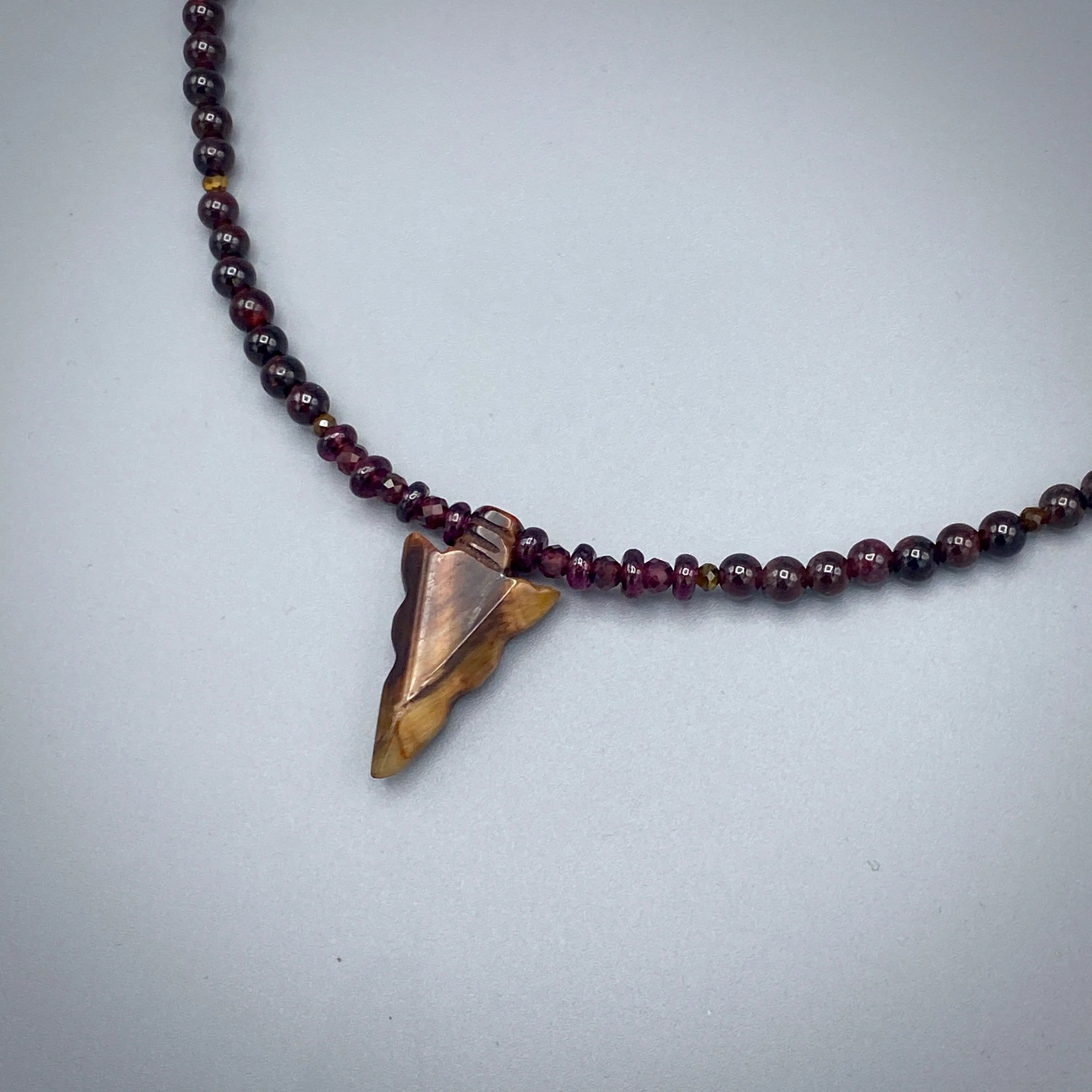 Red Tiger Eye Gemstone Arrow and Garnet Necklace w/ 14 kt Rose Gf components