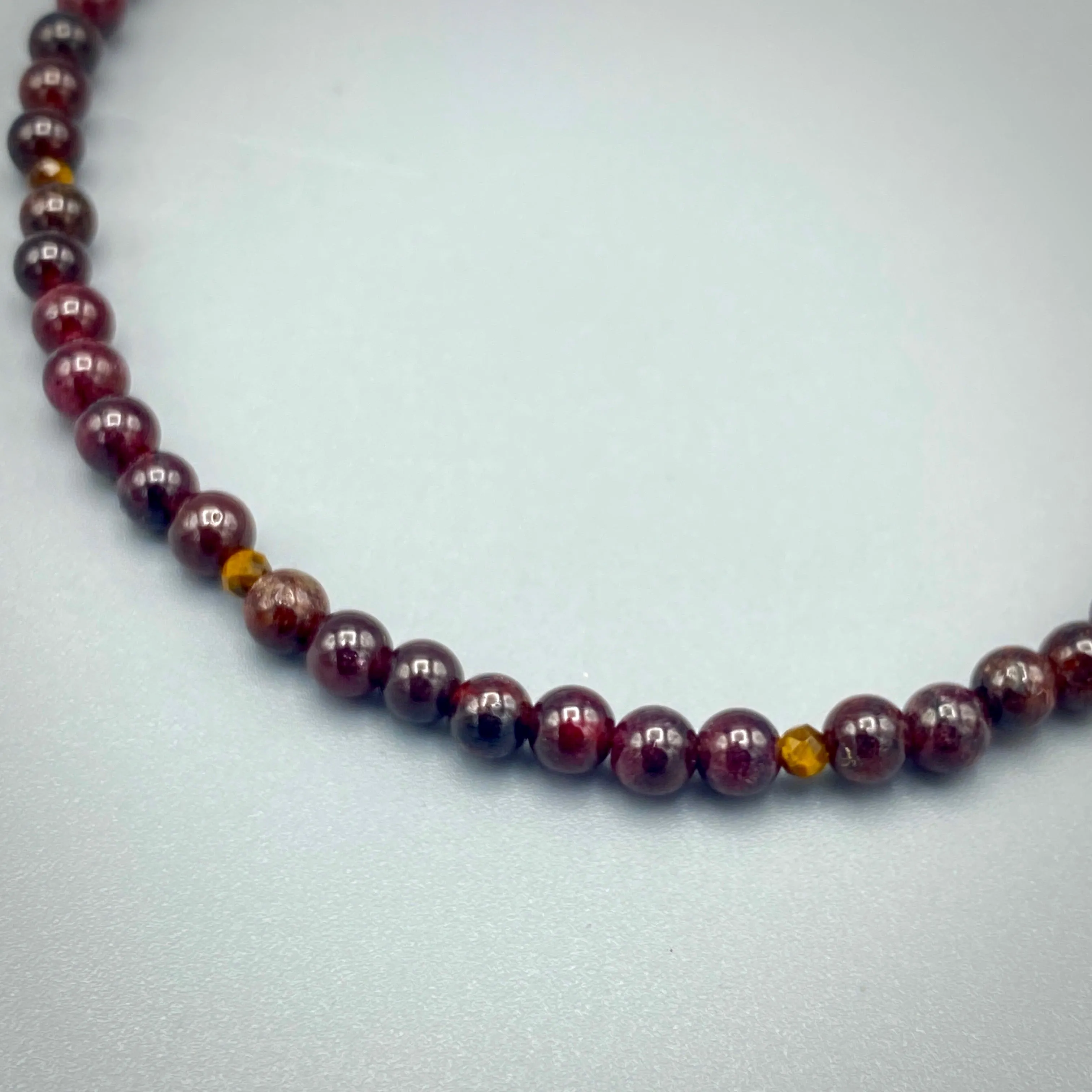 Red Tiger Eye Gemstone Arrow and Garnet Necklace w/ 14 kt Rose Gf components