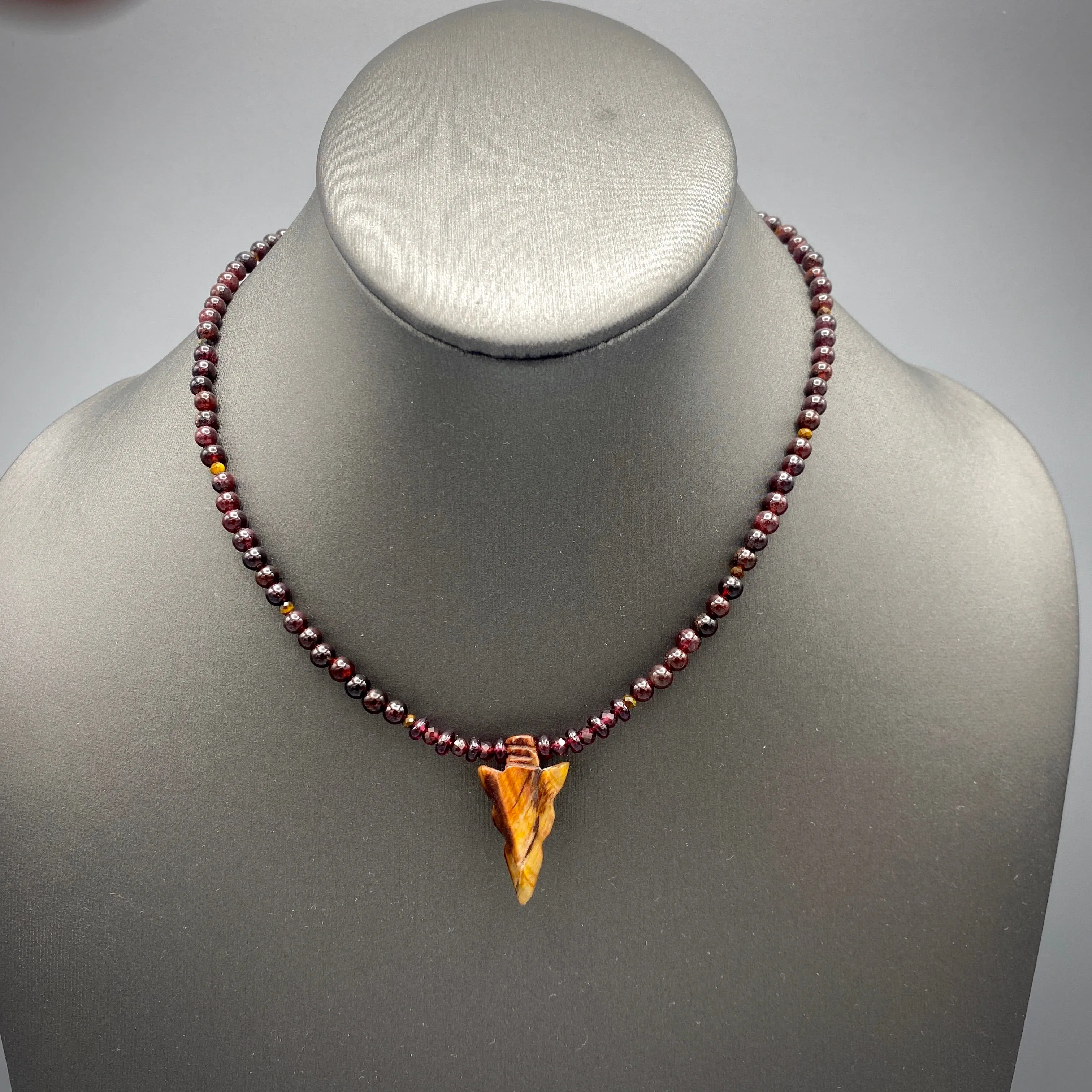 Red Tiger Eye Gemstone Arrow and Garnet Necklace w/ 14 kt Rose Gf components