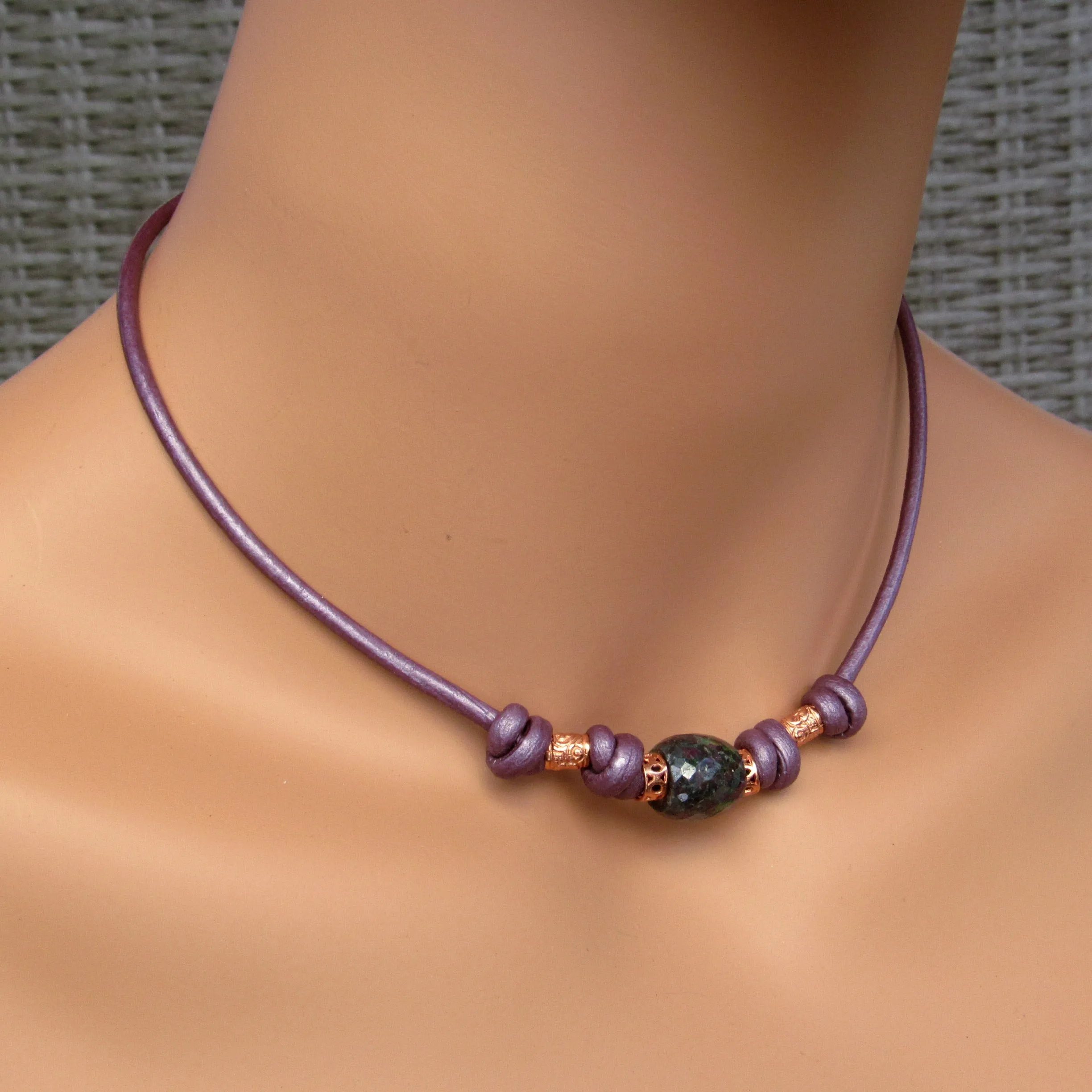 Ruby Zoisite and Copper Hand Knotted on Leather necklace