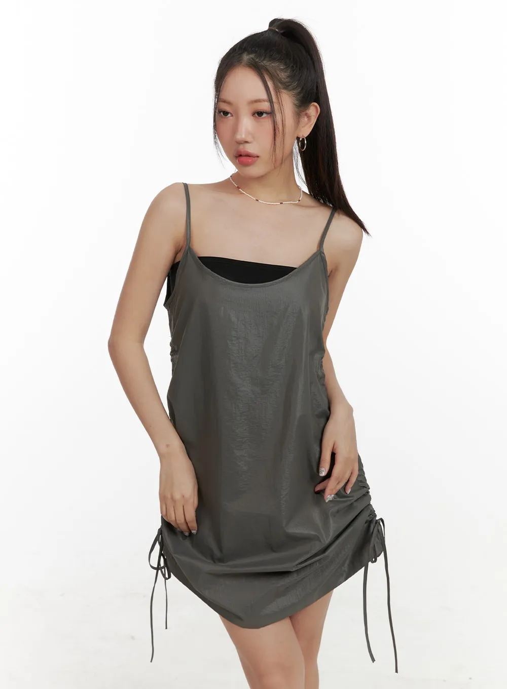 Shirred Nylon Sleeveless Mini Dress OA415