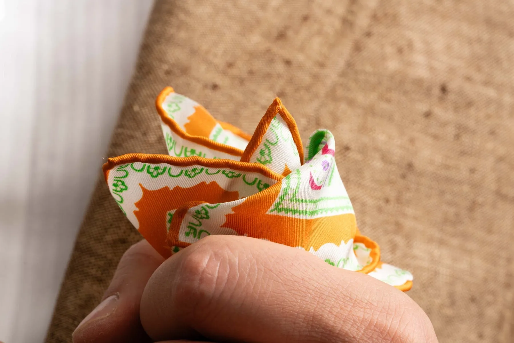 Summery Orange & White Large Paisley Silk Pocket Square