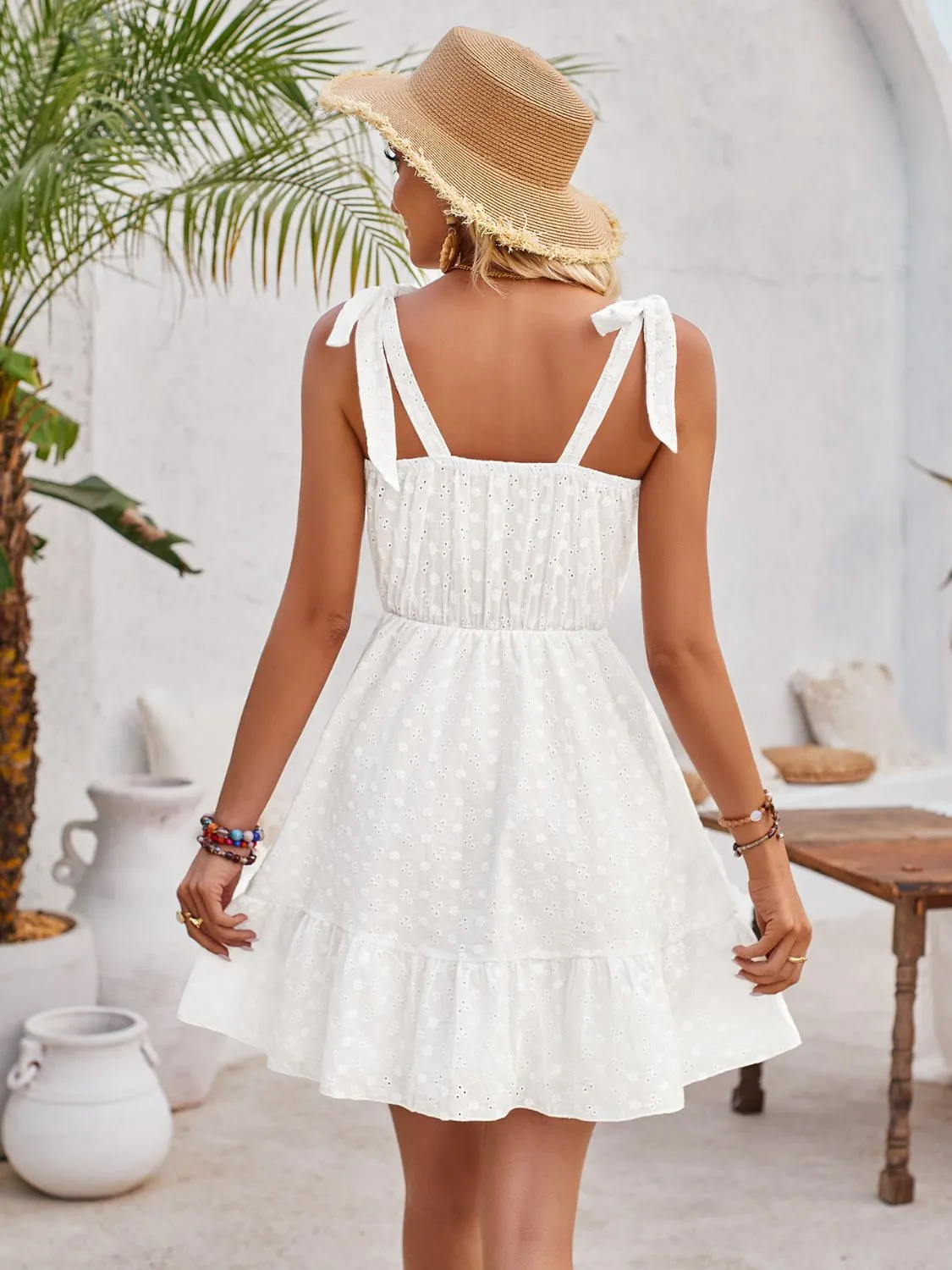 Sunset Vacation Tied Ruffled V-Neck Sleeveless Mini Dress