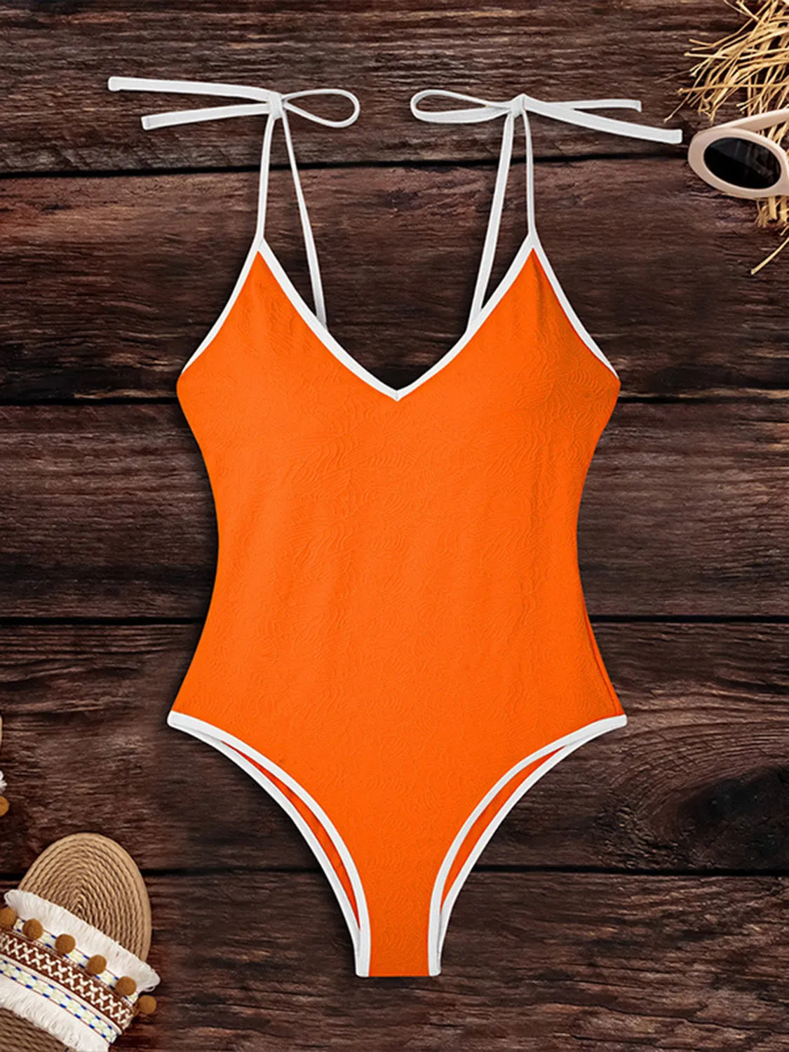 Sunset Vacation  Tied V-Neck Spaghetti Strap One-Piece Swimwear