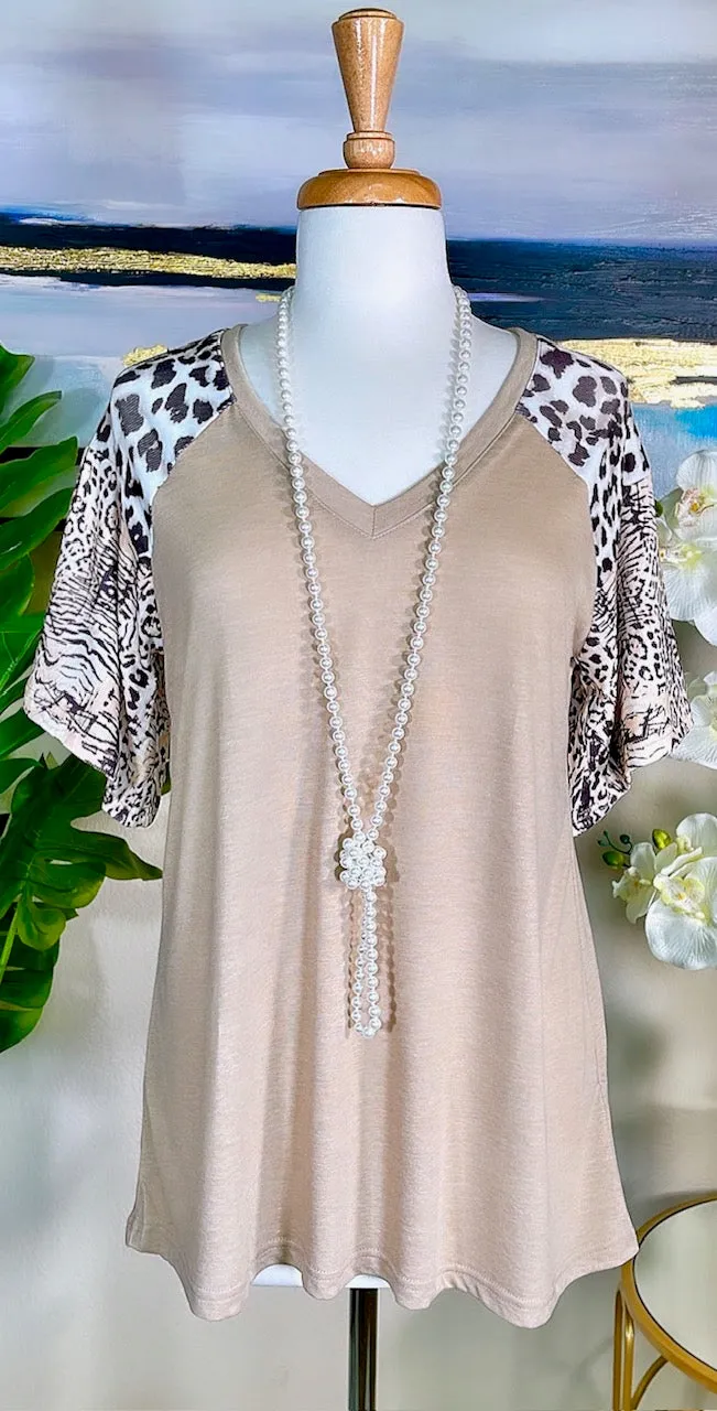 Taupe Top with leopard sleeves