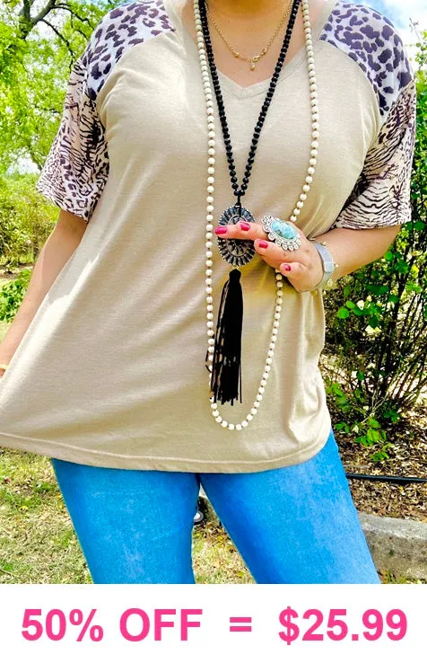 Taupe Top with leopard sleeves