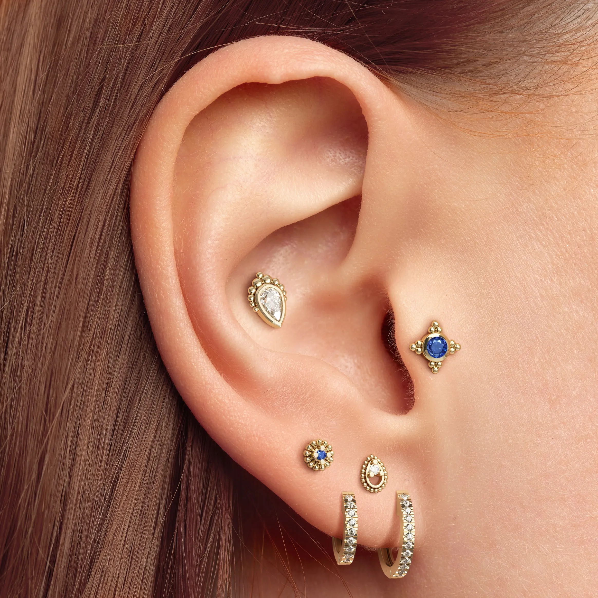 Tiny 14K Gold Sapphire Beaded Stud