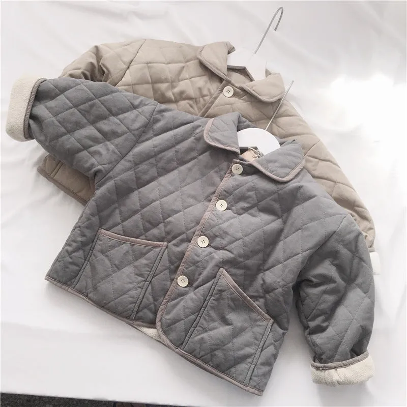 Toddler Kids Solid Color Diamond Check Lapel Long Sleeve Button Jacket