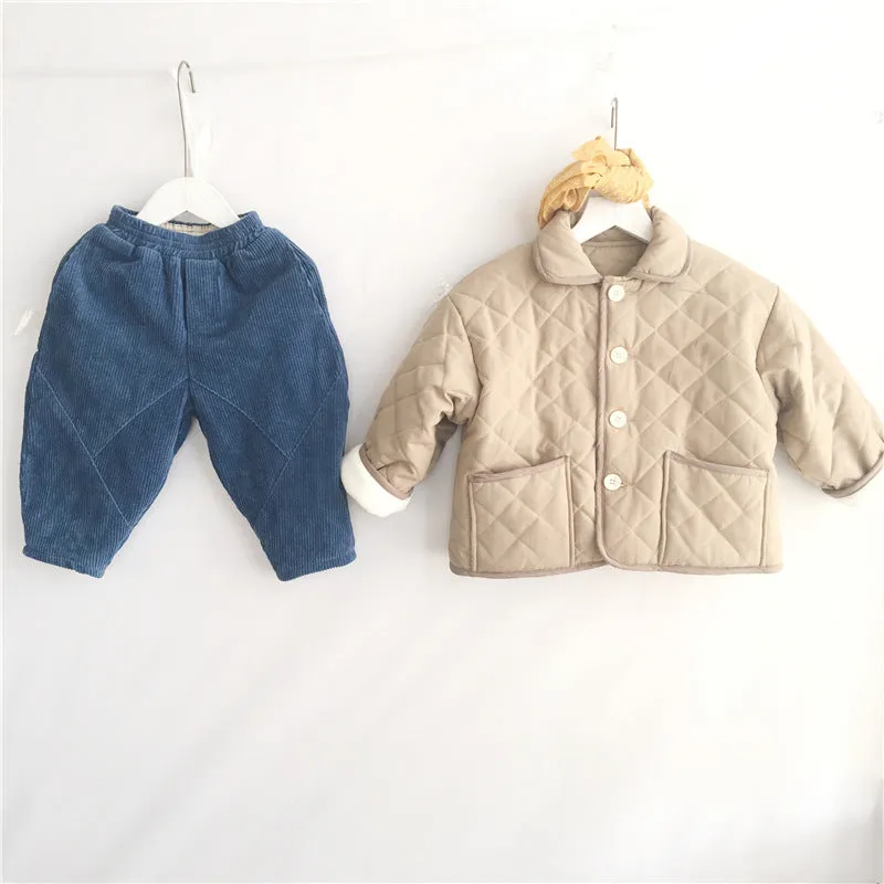 Toddler Kids Solid Color Diamond Check Lapel Long Sleeve Button Jacket