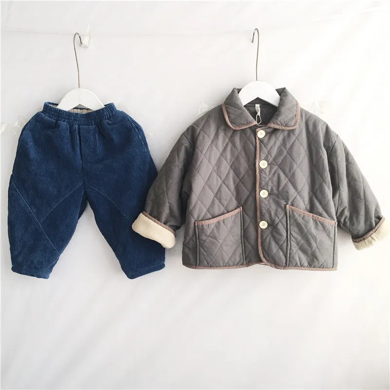 Toddler Kids Solid Color Diamond Check Lapel Long Sleeve Button Jacket