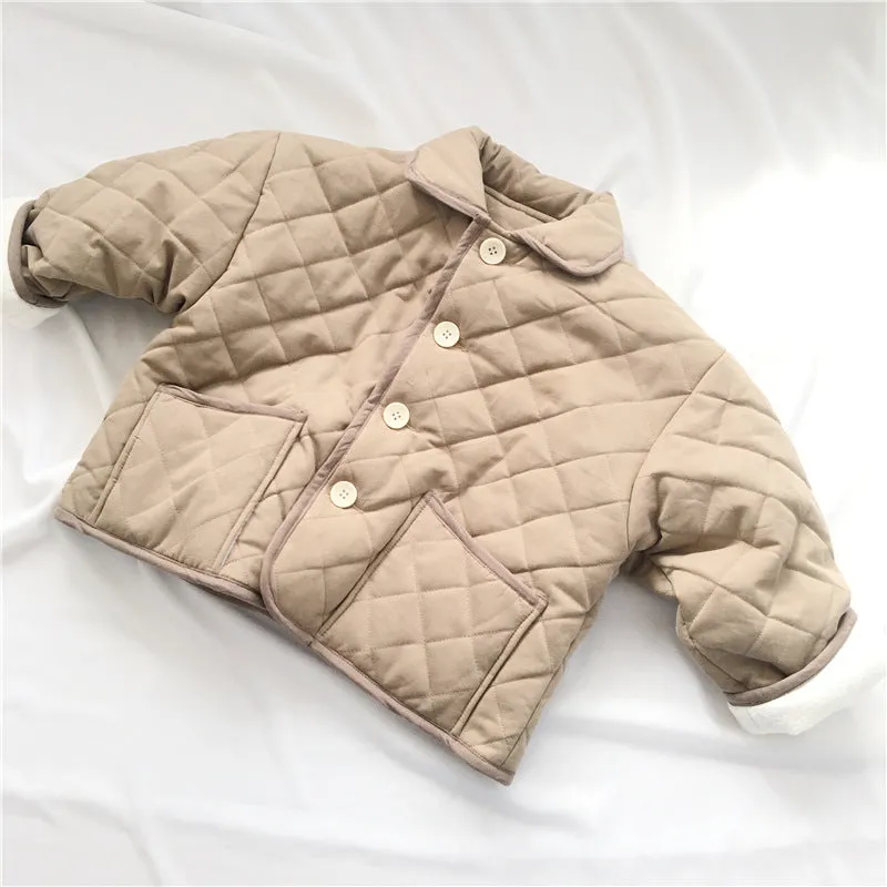 Toddler Kids Solid Color Diamond Check Lapel Long Sleeve Button Jacket