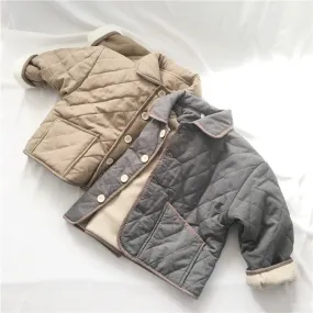 Toddler Kids Solid Color Diamond Check Lapel Long Sleeve Button Jacket