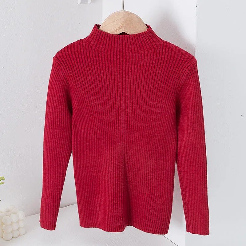 Toddler Kids Solid Color Half High Neck Sweater Knitted Base Top