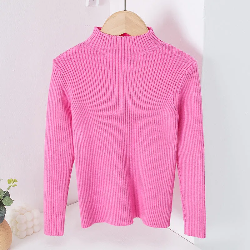 Toddler Kids Solid Color Half High Neck Sweater Knitted Base Top