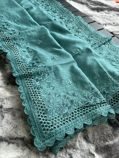 Turquoise Blue Pure Soft Matka Silk Cutwork Saree