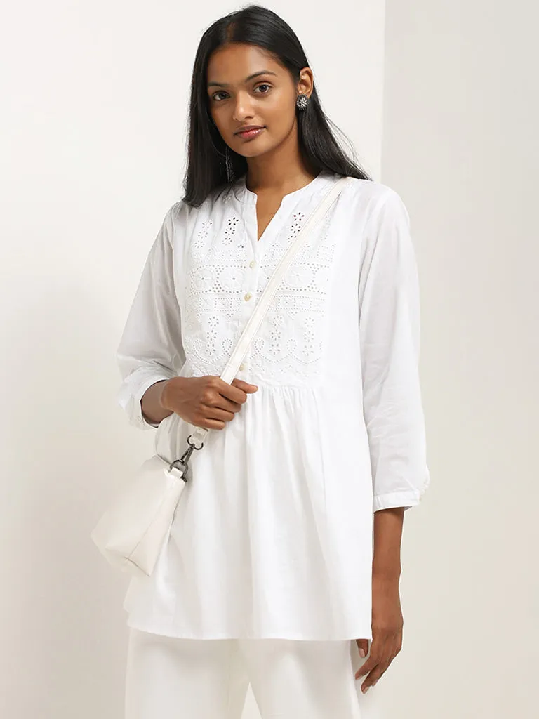 Utsa White Schiffli Design Cotton A-Line Kurti