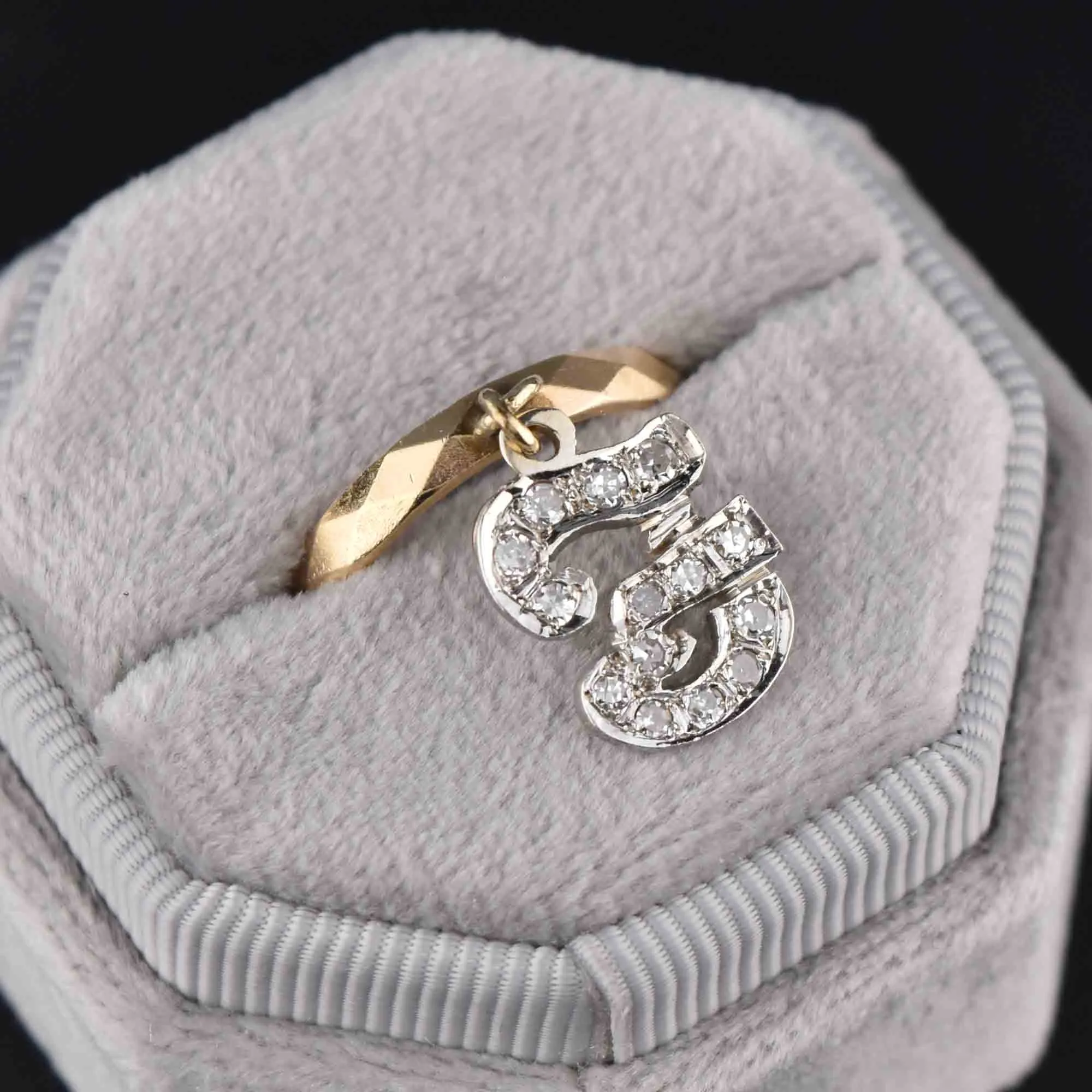 Vintage 14K Gold Initial F or J Diamond Dangle Charm Ring