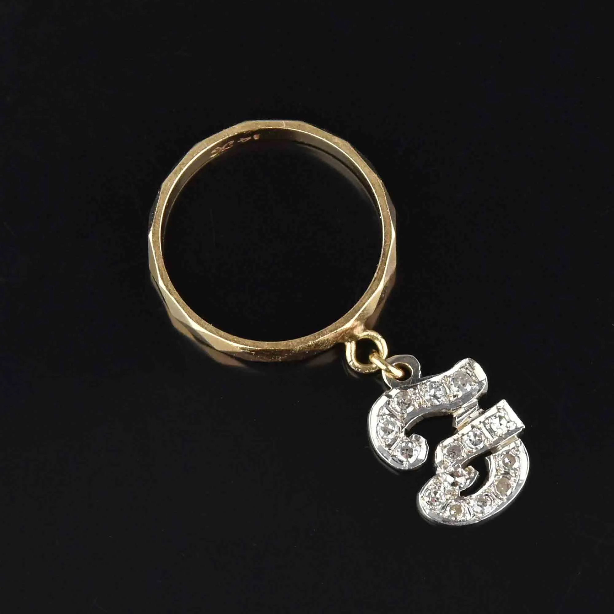 Vintage 14K Gold Initial F or J Diamond Dangle Charm Ring