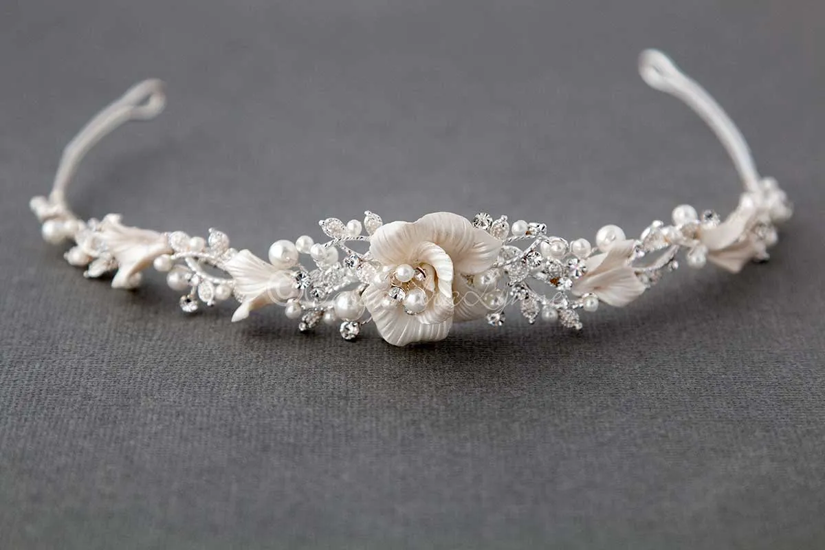 Wedding Tiara of Pearls and Porcelain Flower