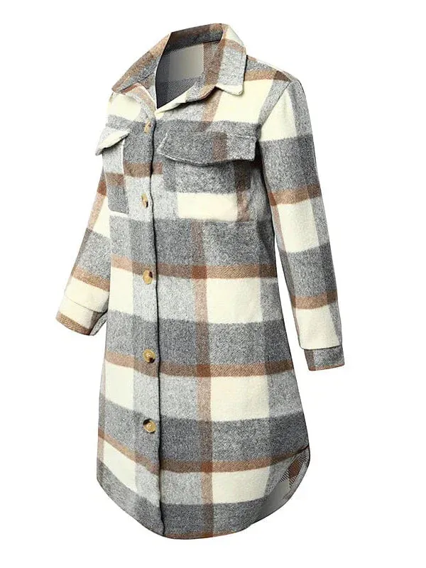 Winter Plaid Wool Blend Shacket Jacket for Women