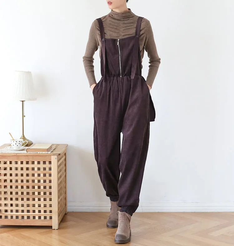 Women Autumn Corduroy Solid Retro Jumpsuit