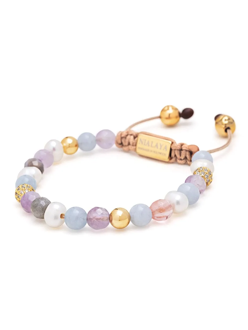 Women's Beaded Bracelet with Aquamarine, Amethyst Lavender, Cherry Quartz, Pearls and Botswana Agate