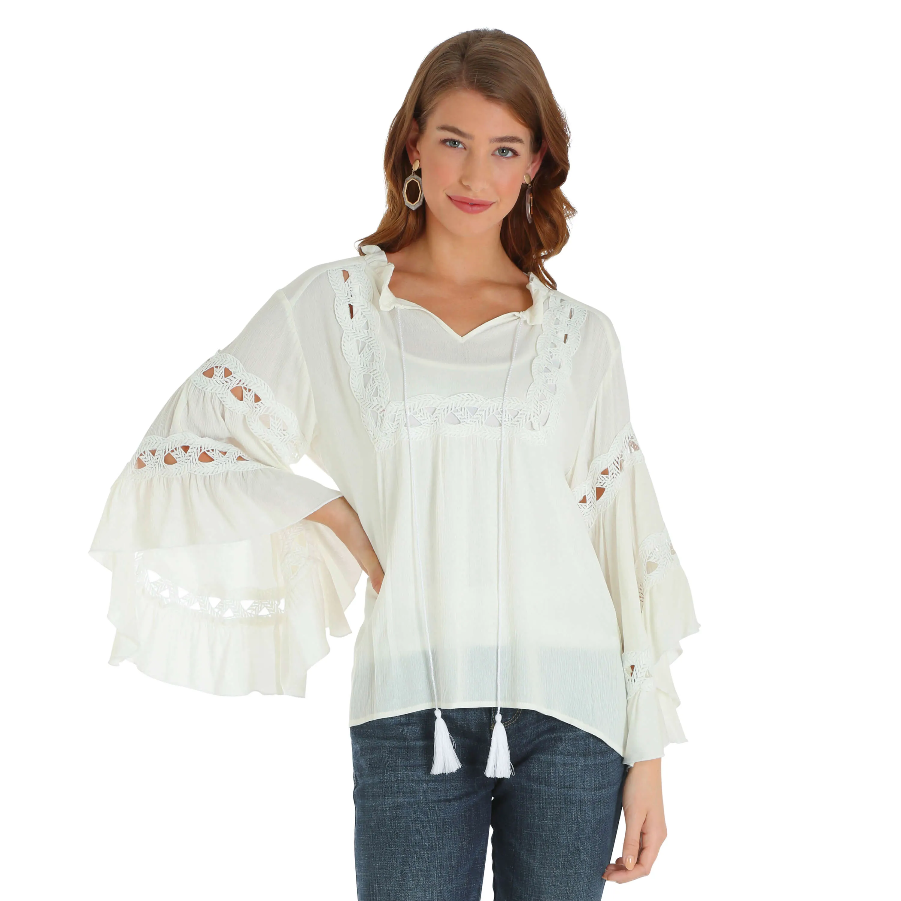 Women's Wrangler Ivory Long Sleeve Peasant Blouse